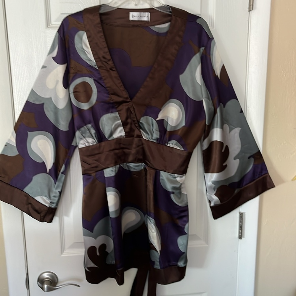 Bill Blass tunic satin smock top geo 80’s retro bow tie waist bell sleeves 1X